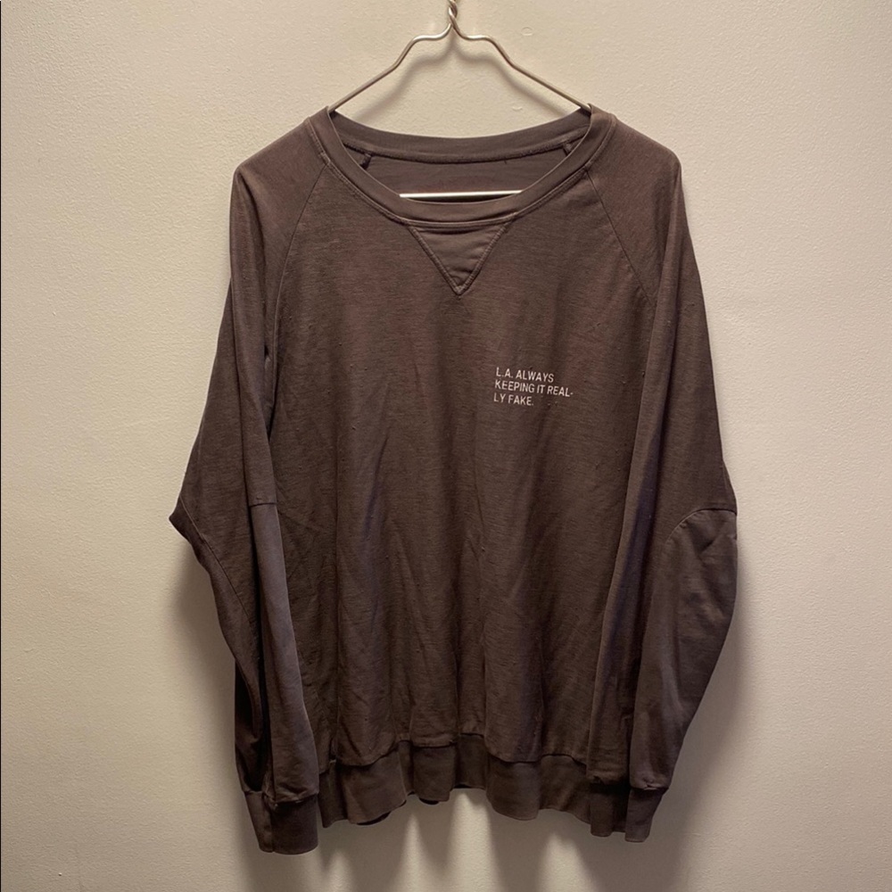 good hYOUman M Brown Taupe Crewneck Sweater LA Always Keeping IT Real-ly Fake